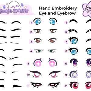 May include: Digital file with hand embroidery eye and eyebrow designs. The image displays various eye shapes and eyebrow styles, numbered for reference. The Sweet Specter logo is at the top.