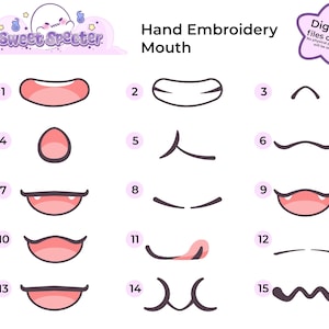 May include: A digital file with 15 different mouth designs for hand embroidery. The designs include various shapes and styles, with a cute ghost logo at the top. The text "Digital files only! No physical product will be sent" is also included.