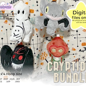 May include: A digital embroidery pattern bundle featuring four different cryptids: Mothman, Fresno Nightcrawlers, Hopkinsville Goblin, and Flatwoods Monster. The patterns are designed for a 4x4 hoop size and are available in DST, EXP, HUS, JEF, PES, VIP, and XXX formats.