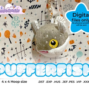 May include: A digital embroidery design of a gray and white pufferfish with yellow eyes. The design is for a 4x4 inch embroidery hoop and is available in DST, EXP, HUS, JEF, PES, VIP, and XXX formats. The image includes the text "Digital files only! No physical product will be sent" and "PUFFERFISH".