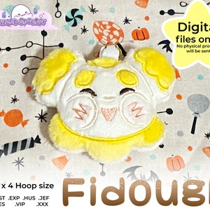 May include: A digital embroidery design of a cute cartoon dog with a yellow body and white face. The design is for a 4x4 inch hoop and includes the text "Fidough".
