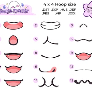 Puede incluir: Un conjunto de 15 expresiones de boca diferentes para bordar, numeradas del 1 al 15. Las expresiones de boca son en negro y rosa. El texto "Sweet Specter" está en la parte superior de la imagen. El texto "4 x 4 Hoop size" está en la esquina superior derecha de la imagen. El texto ".DST .EXP .HUS .JEF .PES .VIP .XXX" está debajo del texto "4 x 4 Hoop size". El texto "¡Solo archivos digitales! No se enviará ningún producto físico" está en una estrella morada en la esquina superior derecha de la imagen.