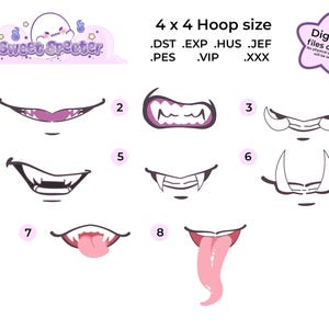 Puede incluir: Ocho diseños de boca diferentes para bordar, cada uno con un estilo y una expresión únicos. Los diseños están numerados del 1 al 8. El texto "4 x 4 Hoop size" está en la parte superior de la imagen, junto con los formatos de archivo: .DST, .EXP, .HUS, .JEF, .PES, .VIP, .XXX. El texto "¡Solo archivos digitales!" está en forma de estrella en la parte superior derecha de la imagen.