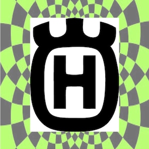 May include: Black and white logo with a stylized "H" inside a circle with a crown on top. The logo is on a green and gray checkered background.