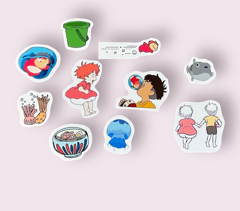 May include: A set of 10 colorful stickers featuring characters and objects from the animated film 'My Neighbor Totoro'. The stickers include a blue bucket, a red and white fish, a green and white mushroom, a blue jellyfish, a bowl of ramen, a red and white cat, a girl with brown hair, a boy with brown hair, and a girl with blonde hair.