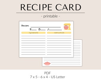 Printable recipe card template for recipe card box | recipe card 5x7 | recipe card 4x6