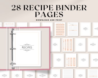 Printable Recipe Binder Pages | 8.5x11 & A4 | Minimalist peach beige recipe book binder with cover, category dividers, spines and tabs