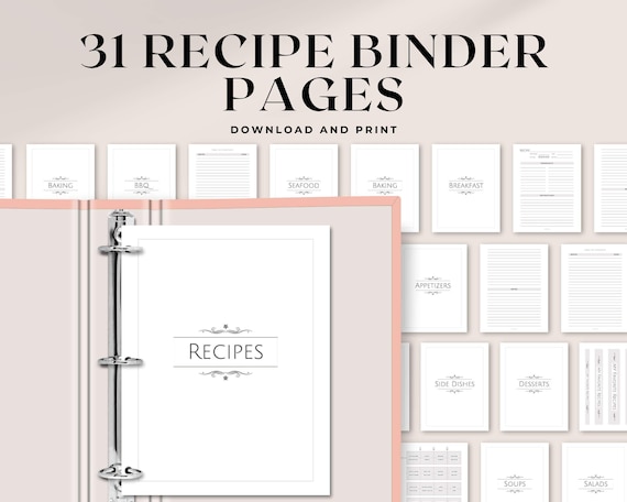 Printable Recipe Binder Pages | 8.5x11 & A4 | Minimalist printable recipe book binder with binder cover, category dividers, spines and tabs