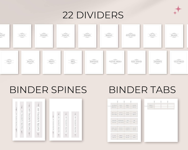 Printable Recipe Binder Pages | 8.5x11 & A4 | Minimalist printable recipe book binder with binder cover, category dividers, spines and tabs image 5