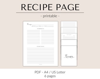 Druckbare Rezept Vorlage | Rezeptbuch Vorlage | Druckbare Rezeptseite für Dein Rezeptbuch oder Deinen Rezeptordner | Minimalistisches Rezept