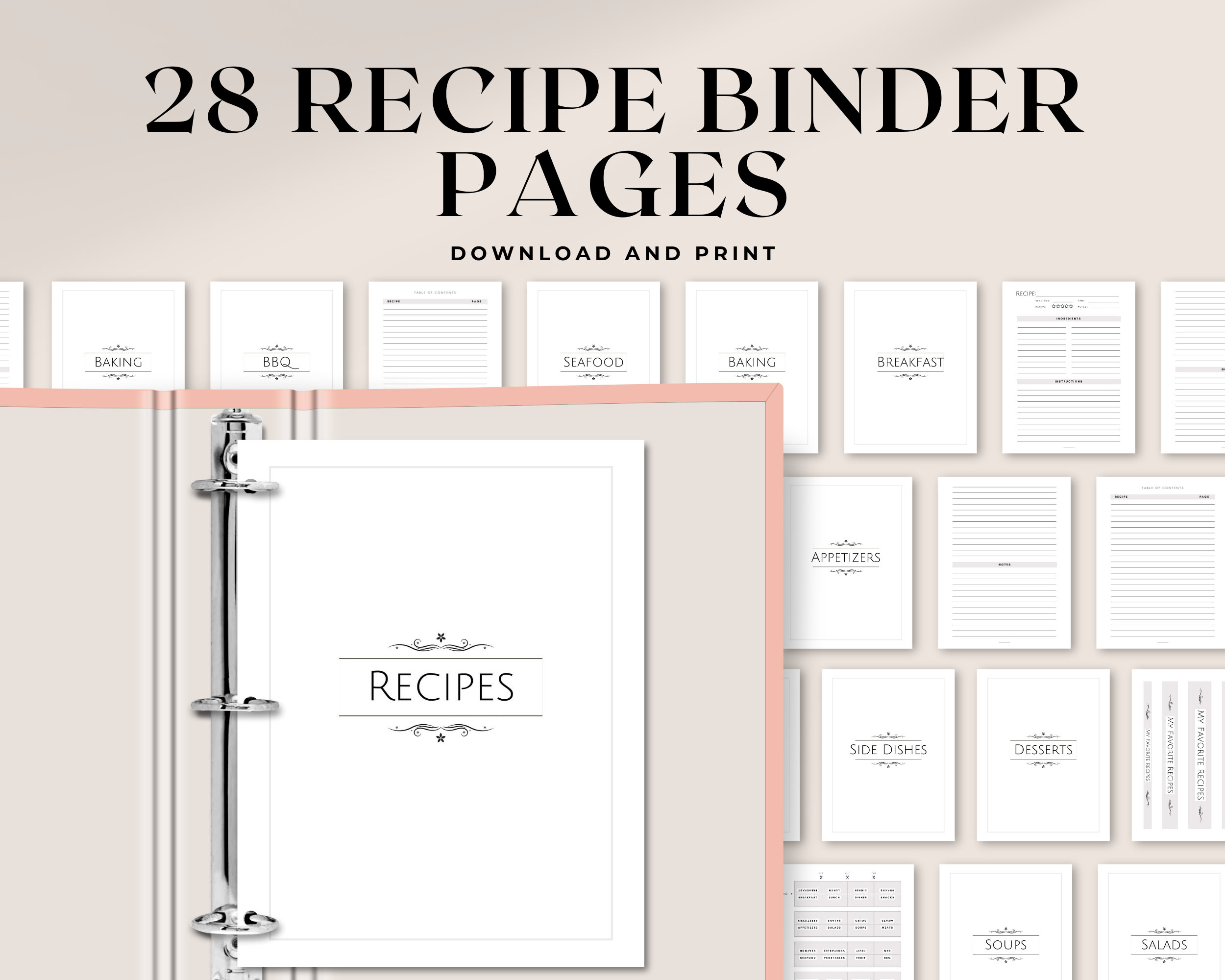 Printable Recipe Binder Pages | 8.5x11 &amp; A4 | Minimalist Printable Recipe Book Binder With ...