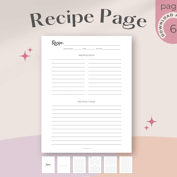 Printable Recipe Template | Recipe Book Template | Printable recipe page for your recipe book or recipe binder | Minimalist Recipe Template