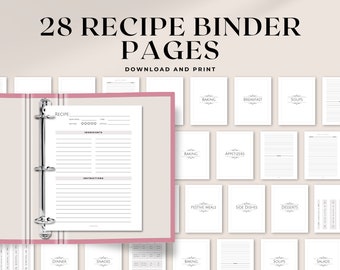 Printable Recipe Binder Pages | 8.5x11 & A4 | Minimalist printable recipe book binder with binder cover, category dividers, spines and tabs