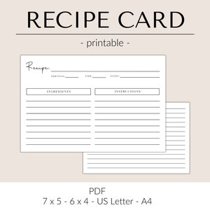 Printable recipe card template for recipe card box | Modern recipe card minimalist | Simple recipe card 5x7 | Minimalist recipe card 4x6