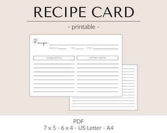 Printable recipe card template for recipe card box | Modern recipe card minimalist | Simple recipe card 5x7 | Minimalist recipe card 4x6