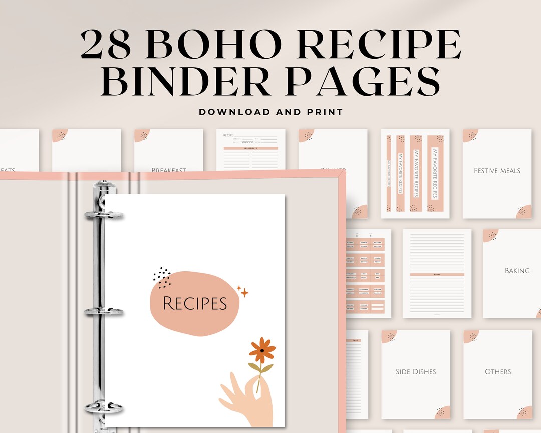 Printable Recipe Book Binder | 8.5x11 &amp; A4 | Boho Printable Recipe Book Binder With Binder Cover ...