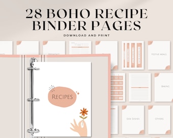 Printable Recipe Book Binder | 8.5x11 & A4 | Boho printable recipe book binder with binder cover, category dividers, spines and tabs