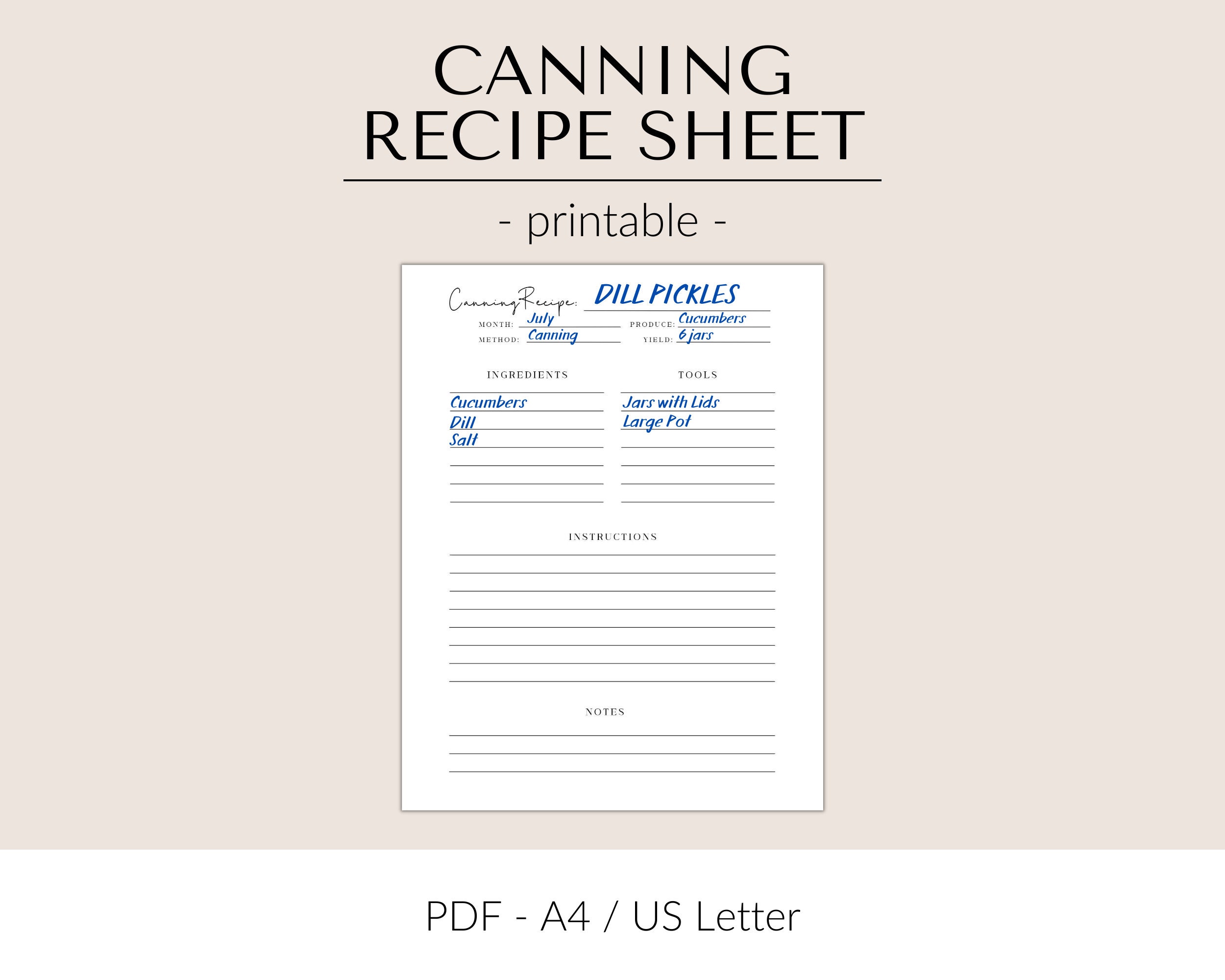 Printable Canning Recipe Template Canning Recipe Sheet for Your Recipe ...