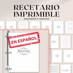 以下が含まれることがあります： スペイン語の印刷可能なレシピバインダー。表紙には「En Español」と書かれた赤いスタンプと、装飾的なフォントで「Recetas」という言葉が書かれています。バインダーは銀色のリングメカニズムで、空白のページが開かれています。