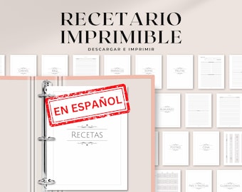 Printable Recipe Binder in Spanish | 8.5x11 & A4 | Minimalist printable recipe book with binder cover, category dividers, spines and tabs