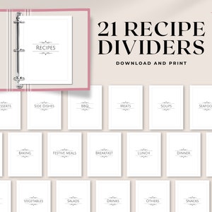 Divisores de fichário de receitas para impressão | 8,5x11 e A4 | Divisores de pasta de livro de receitas minimalistas para impressão com categorias e capa