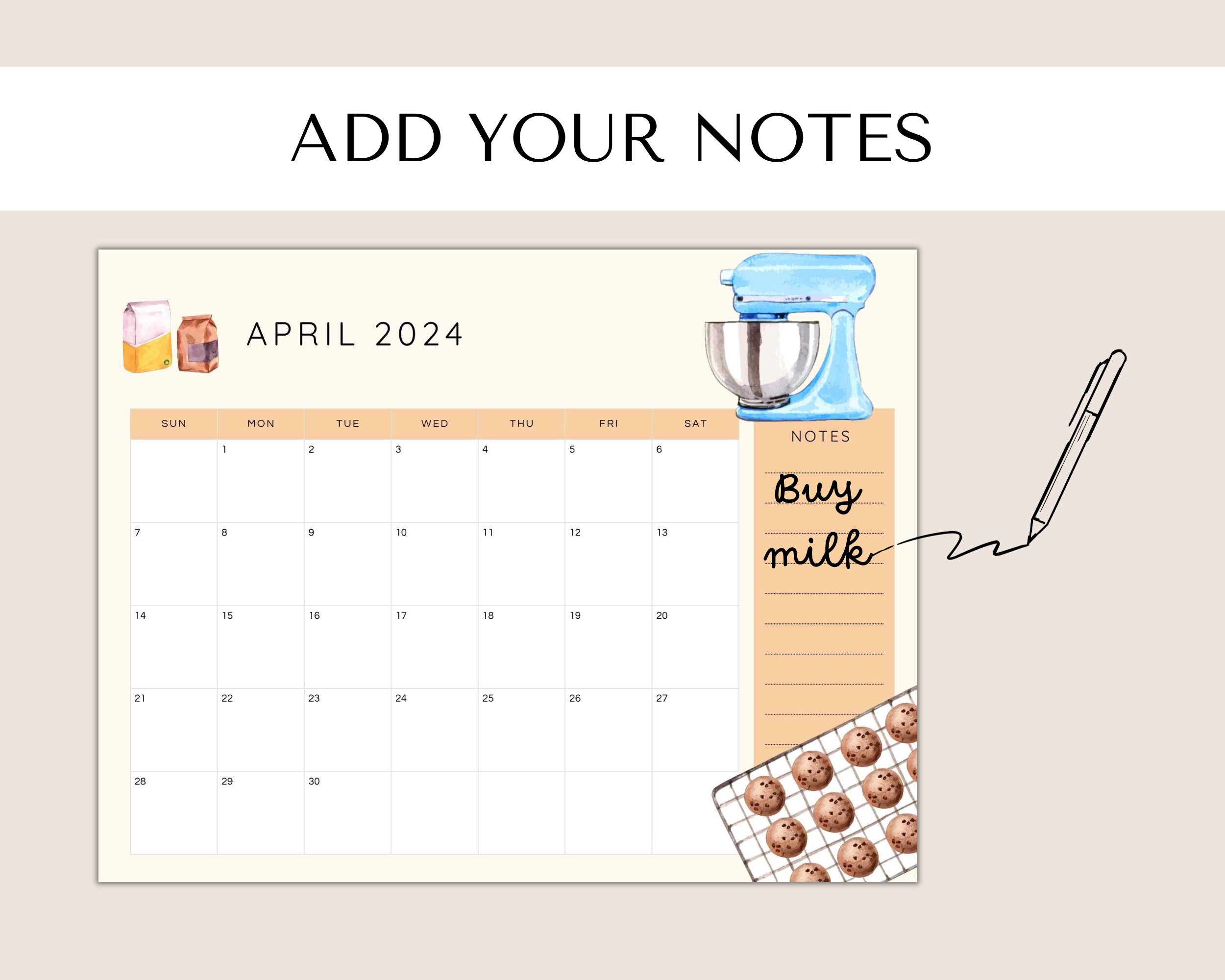 Printable Kitchen Calendar 2024 2024 Calendar for Food Lovers Watercolor Calendar Illustrated ...