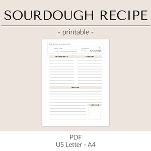 May include: Printable sourdough recipe template with sections for ingredients, timeline, method, and scoring. The template has a white background with black text and lines.