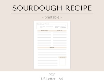 Printable Sourdough Recipe Template | Sourdough Bread Recipe Page | Printable Sourdough Recipe Page | Bread Baking