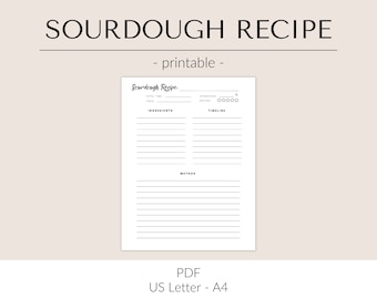 Printable Sourdough Recipe Template | Sourdough Bread Recipe Page | Printable Sourdough Recipe Page | Gift for Baker