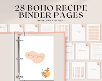 Printable Recipe Book Binder | 8.5x11 & A4 | Boho printable recipe book binder with binder cover, category dividers, spines and tabs