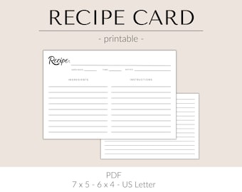 Plantilla de tarjeta de receta imprimible para caja de tarjeta de receta / Tarjeta de receta moderna minimalista / Tarjeta de receta 5x7 / Tarjeta de receta 4x6