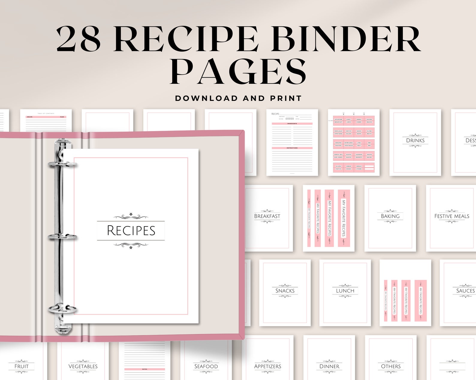 Printable Recipe Binder Pages | 8.5x11 &amp; A4 | Minimalist Pink Printable Recipe Book Binder With ...