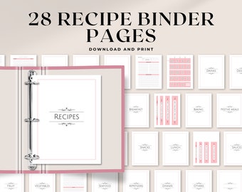 Printable Recipe Binder Pages | 8.5x11 & A4 | Minimalist pink printable recipe book binder with cover, category dividers, spines and tabs