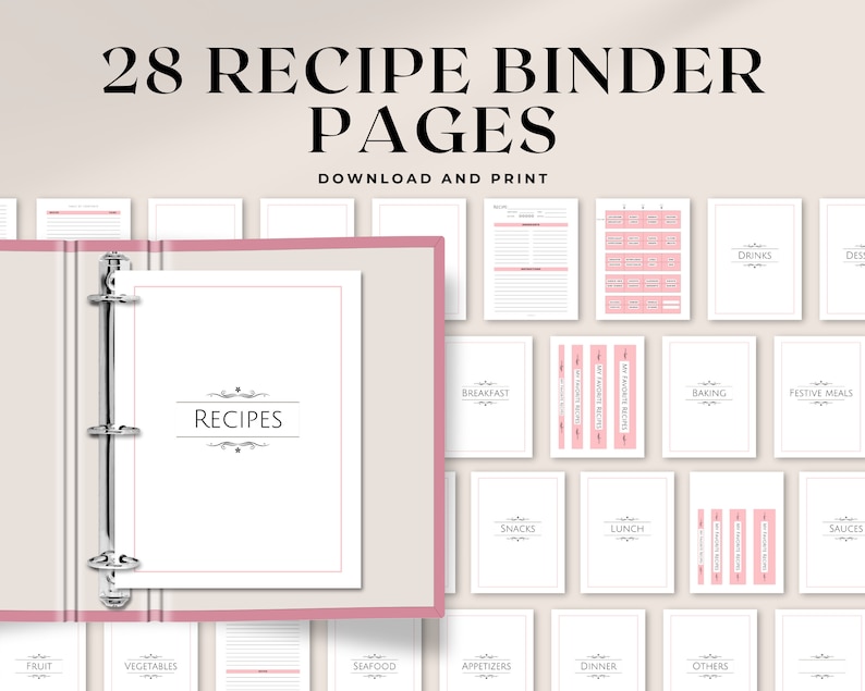 Printable Recipe Binder Pages | 8.5x11 &amp; A4 | Minimalist Pink Printable Recipe Book Binder With ...