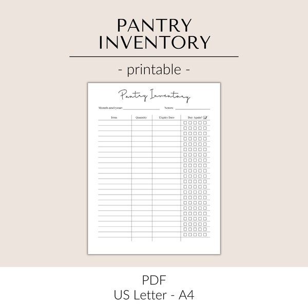 Printable Pantry Inventory Tracker | Food Inventory Template for your Pantry Organization | Kitchen Inventory Sheet | Food Inventory List