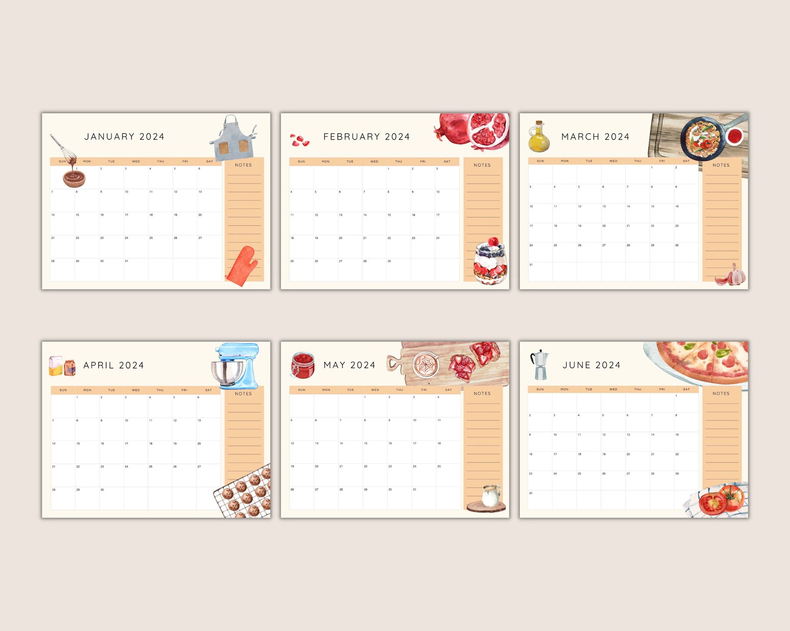 Printable Kitchen Calendar 2024 2024 Calendar for Food Lovers Watercolor Calendar Illustrated ...