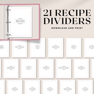 Puede incluir: Divisores de recetas imprimibles para una carpeta. Los divisores son blancos con texto negro y un borde decorativo. El texto en los divisores incluye categorías como BBQ, Guarniciones, Frutas, Mariscos, Carnes, Sopas, Verduras, Desayuno, Almuerzo, Cena, Comidas festivas, Postres, Hornear, Salsas, Bebidas, Otros, Bocadillos, Aperitivos, Ensaladas y Recetas.