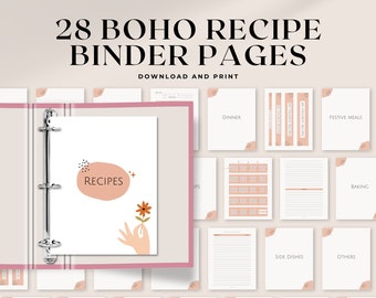 Printable Recipe Book Binder | 8.5x11 & A4 | Boho printable recipe book binder with binder cover, category dividers, spines and tabs