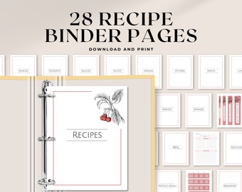 Printable Recipe Binder Pages | 8.5x11 & A4 | Minimalist printable recipe book binder with binder cover, category dividers, spines and tabs