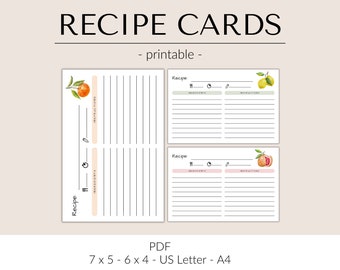 Printable recipe cards for recipe box | Recipe card template pdf | Citrus Recipe Card 5x7 Lemon Recipe Card 4x6 | Kitchen Organization
