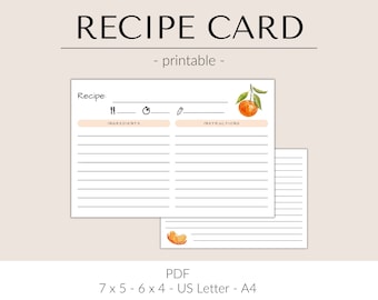 Rezeptkarten Vorlage zum Ausdrucken für Rezeptkarten Box | Druckbare Rezeptkarte pdf | Moderne Rezeptkarte 13x18 | Oranges Rezeptbild 10x10
