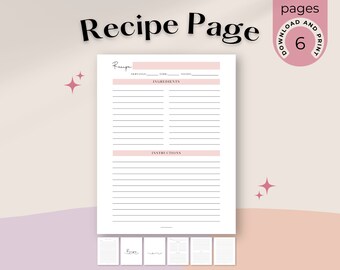 Printable Recipe Template | Pink Recipe Book Template 8.5 x 11 in and A4 size | Printable recipe page for your recipe book or recipe binder
