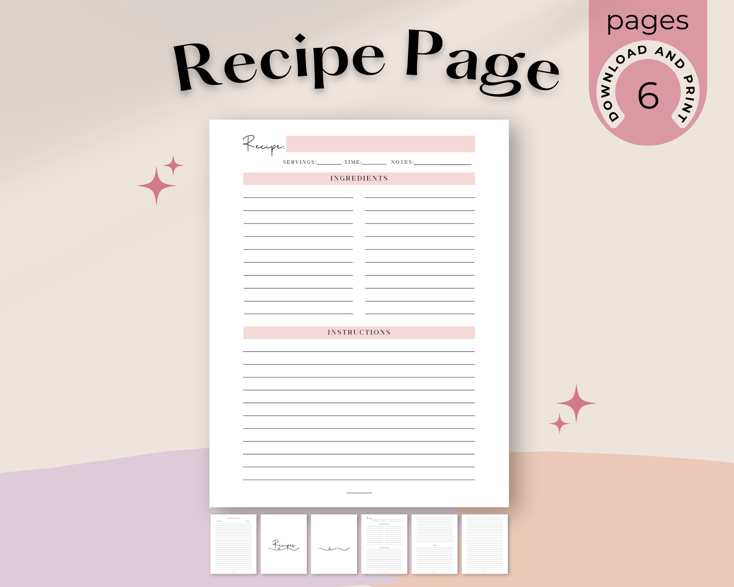 Printable Recipe Template Pink Recipe Book Template 8.5 X 11 in and A4
