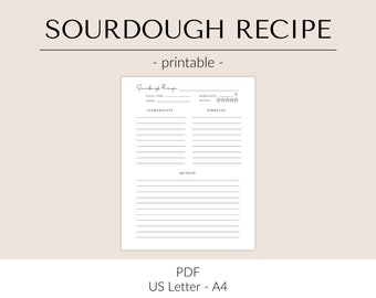 Printable Sourdough Recipe Template | Sourdough Bread Recipe Page | Printable Sourdough Recipe Page | Gift for Baker