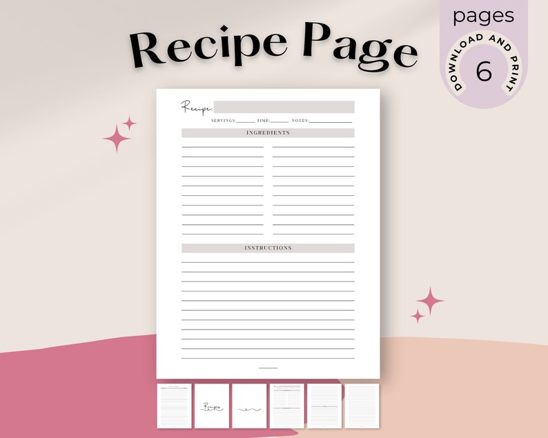 Printable Recipe Template 8.5 X 11 Black and White Minimalist Recipe