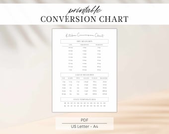 Druckbare Umrechnungstabelle | Küche Umrechnungstabelle | Maßtabelle PDF | Minimalistische Küchen Drucke | Küche Wanddeko Modern