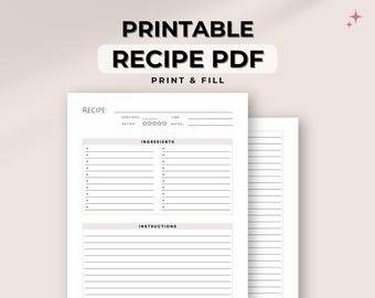 Printable Recipe Template PDF | Minimalist recipe pages for your recipe binder