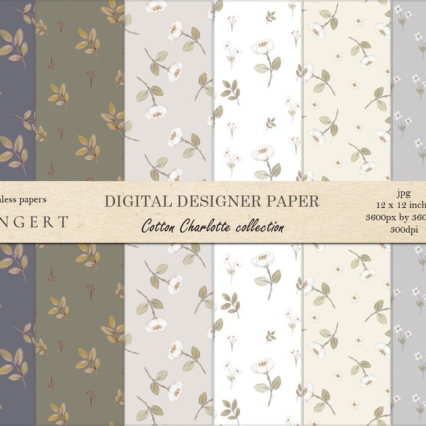 Digital Designer Paper  / 6pcs / Seamless Patterned Paper / Digital Scrapbook Paper / Botanical Floral Backgrounds / Commercial Use