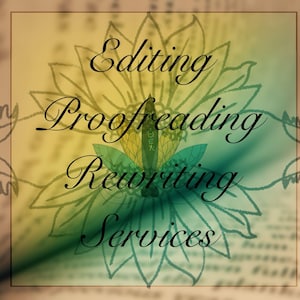 Könnte beinhalten: Eine grafische Überlagerung mit einer stilisierten grün-gelben Lotusblumenillustration, zentriert hinter dem schwarzen Text Editing, Proofreading, Rewriting, Services, mit abstrakten kalligrafischen Verzierungen an den Seiten.