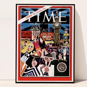 Portada de la revista Time, póster vintage de Londres, años 60, escena de Londres, arte mural de viajes de moda, Reino Unido, descarga digital